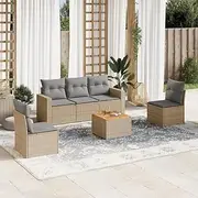 6 Piece Garden Sofa Set with Storage - Durable Mix Beige Poly Rattan Outdoor Patio Furniture - Removable Cushions - Easy Assembly - Includes 3 Centre Seats, 2 Arm Sofas, 1 Acacia Wood Table