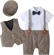 [IDOPIP] Baby Boy Gentleman Outfit Formal Tuxedo Suit Bowtie Romper Overalls with Vest Hat Birthday Wedding Party Clothes