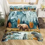 Bear Duvet Cover Set King Size,Hunting Animal Bedding Set Kids Boys Girls Room Decor,Tree Woodland Mountain River Comforter Cover 3Pcs,Nature Retro Rustic Bedspreads Cover,2 Pillowcases(NO Comforter)