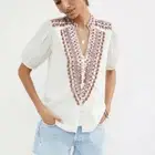Anthropologie Forever That Girl Cotton Embroidered Beaded Peasant Top Ecru US 2