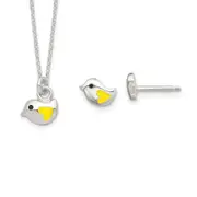 Sterling Silver Polished Yellow & Black Enameled Bird 14In Necklace And Post Earrings Set