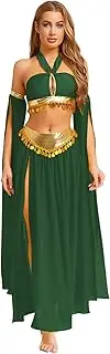 [Fldy] 4 Pcs Sequins Belly Dance Outfit for Women Hollow Out Halter Crop Tank Top with Dress Set Halloween Costume