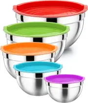 P&P CHEF Mixing Bowl with Lid Set of 5, 10-Piece Stainless Steel Nesting Salad B