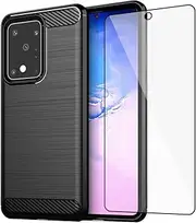 [Asuwish] Phone Case for Samsung Galaxy S20 Ultra Glaxay S20ultra 5G with Screen Protector Cover and Slim Soft TPU Cell Accessories Protective Gaxaly 20S S 20 A20 20ultra G5 Women Men Carbon Fiber Black