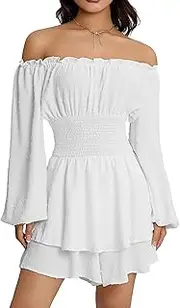 [GPLOPEEY] Ladies Loose Ruched Jumpsuit Summer Women Lace Boat Neck Elastic Waist Flouncing Bodysuit Siamese Trousers