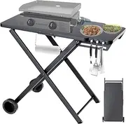 [Pariplus] Foldable Grill Cart with Wheels, 34"x20" Stainless Steel Outdoor Grill Table for Blackstone Griddle, Ooni Pizza Oven & Ninja Portable Grills, Heavy Duty Camping Grill Stand for Food Prep