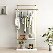 TIEOU Gold Clothes Rack with Shelf, Gold Clothing Racks for Boutiques, Free-Standing Garment Rack for Hanging Clothes,Gold Coat Rack, Small Metal Clothes Rack Heavy Duty, Industrial Clothing Rack Gold