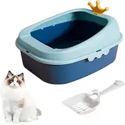 Kwude Cat Litter Box with Heightening Anti-Splashing Cat Toilet with Litter Sifting Scoop, Semi-Enclosed Removable Prevent Sand Leakage Deodorizing Cat Pan Easy to Clean and Assemble (Small, Blue)