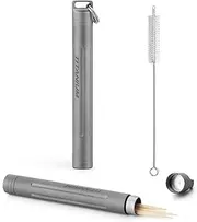 TISUR Portable Titanium Toothpick Holder - Mobile Toothpick Case & Mini Toothpick Box Cleaning Brush Included - Easy to Hang on Your Key Ring, Zipper Pull, and Much More (Matte) Gray