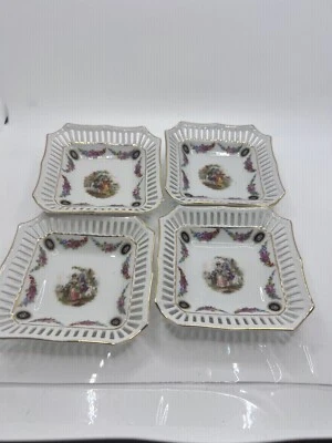 4 -Germany Pierced- Reticulated Porcelain Square Dish Victorian ~PAIR IN GARDEN