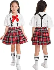 [iiniim] Girls Summer Outfit Short Sleeve Ruffled Lace Front Shirt Top Plaid A-line Skirt with Suspenders Bowknot Tie Set