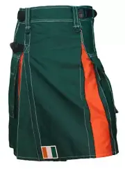 Irish Flag Kilt Green Utility Orange Pleats White Stitching & Irish Flag Patch