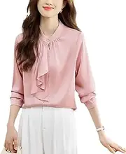 [Generic] Wome's Long Sleeve Shirt Fashion Stand Collar Chiffon Blouse Office Ladies Elegant Dress Shirts