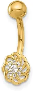 [JewelryWeb] 14ct Solid Yellow Gold 14 Gauge Polished CZ Simulated Diamond Flower Navel Belly Ring 20mm Long