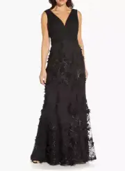Aidan Mattox by Adrianna Papell Embroidered Mesh Trumpet Gown Black Size 8 $440