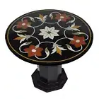 24" Black Marble Table Top With Marble Stand Handmade Pietra Dura Home Furniture