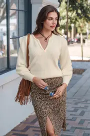 Cupshe Apricot Plunge Long Sleeve Knit Sweater - Apricot,XL