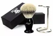 Silver Tip Badger Hair Shaving Brush in Black Handle & Steel Brush Stand/Holder