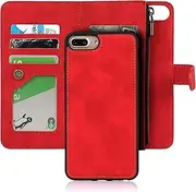 Cavor for iPhone 7 Plus Case,for iPhone 8 Plus Case[5.5 inch] PU Leather Folio Flip Cover Kickstand 2 in 1 Detachable Wallet Magnetic Case Zipper Coin Pocket 6 Card Slots-Red