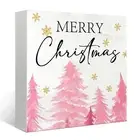 Mtrgdn Pink Christmas Decor Wooden Box Sign,Rustic Christmas Room Decor,Merry...