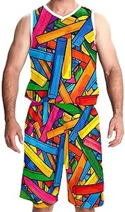 [KQNZT] Basketball Jersey and Shorts, Jersey Shorts Outfit Set, Men's Athletic Basketball Jersey, Modern Cartoon Geometric Pattern Rainbow