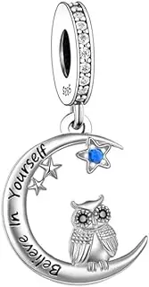 [Mon & Sons] Believe In Yourself Wise Owl Graduation Moon Star Charm Bead Pendant 925 Sterling Silver Dangle Compatible With Pandora Charm Bracelet, Metal
