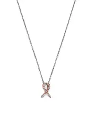 Diamond Pink Ribbon Pendant Necklace in 14K Rose and White Gold, .10 ct. t. w.