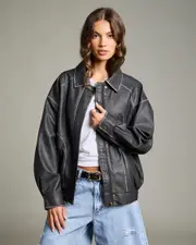 [Ava And Ever] Ava And Ever Women's Dakota Faux Leather Bomber Jacket in Washed Black Size 6 6 Washed Black