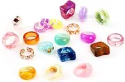[AIDSOTOU] 20 Pcs Resin Rings Acrylic Cute Trendy Rings Colorful Rhinestone Rings Jewelry Plastic Resin Square Gem Stackable Chunky Ring for Women Girls