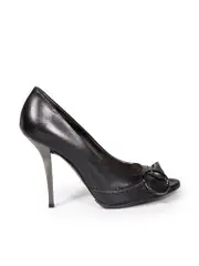 Black Leather Horsebit Zip Accent Heels