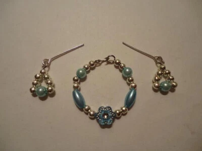 #359 Handmade Doll Jewelry Blue Silver Pearls Beads Necklace & Dangle Earrings