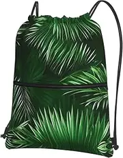 EdWal Green Leaves Of Palm Tree Tropical Plants Print Drawstring Backpack Gym Bags Sports Bags With Zipper Pocket For Travel Beach, Black, One Size