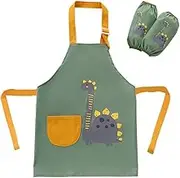 Waterproof Dinosaur Kids Painting Apron with Detachable Sleeves, Toddler Art Smock Children Apron for Painting, Cooking, Baking, Green, Large