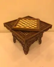 Walnut Wood Hand Carved Coffee Table with Chess and Backgommon Board