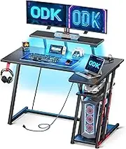 ODK L Shaped Gaming Desk with LED Lights & Power Outlets, Gaming Table with Monitor Stand, Corner Gaming Desk with Storage&Headphone Hook, for Study Writing Work, Easy Assemble,100 * 70 * 92.8cm,Black