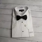 Adolfo Men's White Tuxedo Pleated Dress Shirt Size 19 36 37 Black Bow Tie Formal