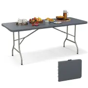 Costway180cm Outdoor Portable Folding Table with Wood Tabletop-Grey