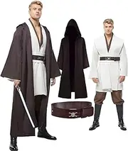 Cosplaysky Adult Outfit for Jedi Costume Halloween Robe Tunic Hooded Uniform, White(full Set), Large