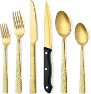 OGORI Gold Hammered Silverware Set, 48-Piece Matte Gold Stainless Steel Flatware Set with Steak Knives for 8, Food-Grade Tableware Cutlery Set Includes Dinner Knives/Forks/Spoons - Dishwasher Safe