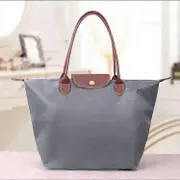 Classic Solid Color Lady Oxford Cloth Shopping Bag Nylon Shoulder Handbag Foldable Storage Bag Women's Waterproof Handbag Light Grey M(44x30x18cm)