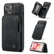 For Apple iPhone 15 CaseMe Back Zipper Wallet Case W/ 3 Card Slots, RFID Blocking, 1 Money Pocket, Credit Card Holder Leather Cover (Black)