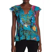 New Parker Medium Ruffle Flutter Sleeve Blouse Top Tropical Floral Print V Neck