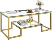 [Wolawu] Coffee Table Gold Glass Coffee Table for Living Room,2 Tiers Rectangle Center Table with Sturdy Metal Frame,Modern Tempered Glass Accent Table for Bedroom Home Office