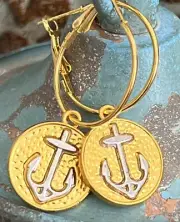 Gold and Silver Anchor Dangle Hoop Earrings. Summer. Nautical. Boat. Sail. Sea.