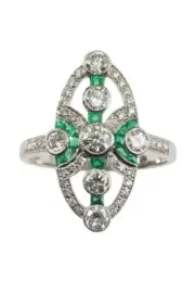Art Deco Style Round Lab Created Diamond & Green Emerald 14k White Gold FN Ring