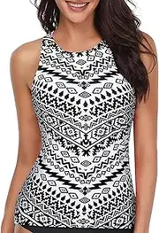 [Holipick] Geometric High Neck Tankini Top Bathing Suit Tops for Women Tummy Control Tank Tops Swimsuits XL, Black