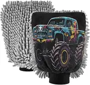 XYMZR Blue Monster Truck Black Absorbent Microfiber Car Wash Mitt, Funny Cute Anime Scratch Free for Cars Cleaning, Home Cleaning Mitts, 2 Pack, 10.24” L x 7.09” W