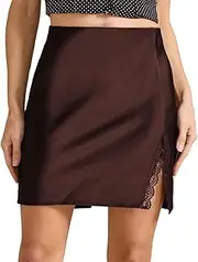 [RSBFK] Women's Casual Elastic High Waisted Satin Lace Trim Short Skirt Split Hem Mini Skirt, Brown, S