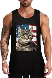 [NQHJT] Men Tank Tops Cat USA Flag Sleeveless T Shirts for Men's Fitness Quick Dry Gym Tank Top for Men