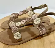 NEW! BED STU ROAN Scoop BEADED Strappy Flat Pink Cream Sandals Women's SZ 7.5